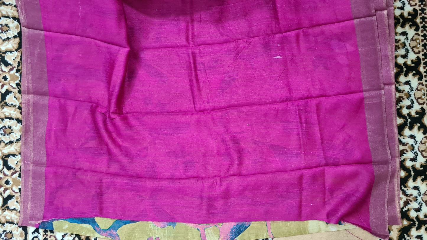 Mehendi Green and Pink Tussar Silk Saree