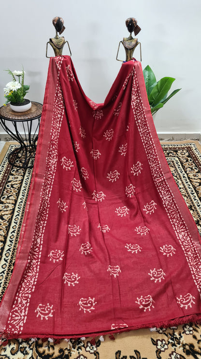 Red and White Linen Saree