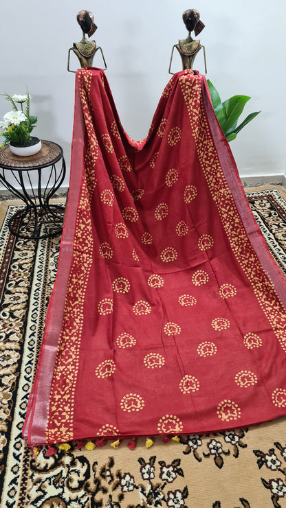 Red and Yellow Linen Saree