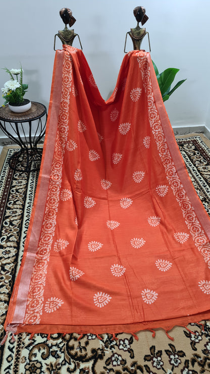 Orange and White Linen Saree