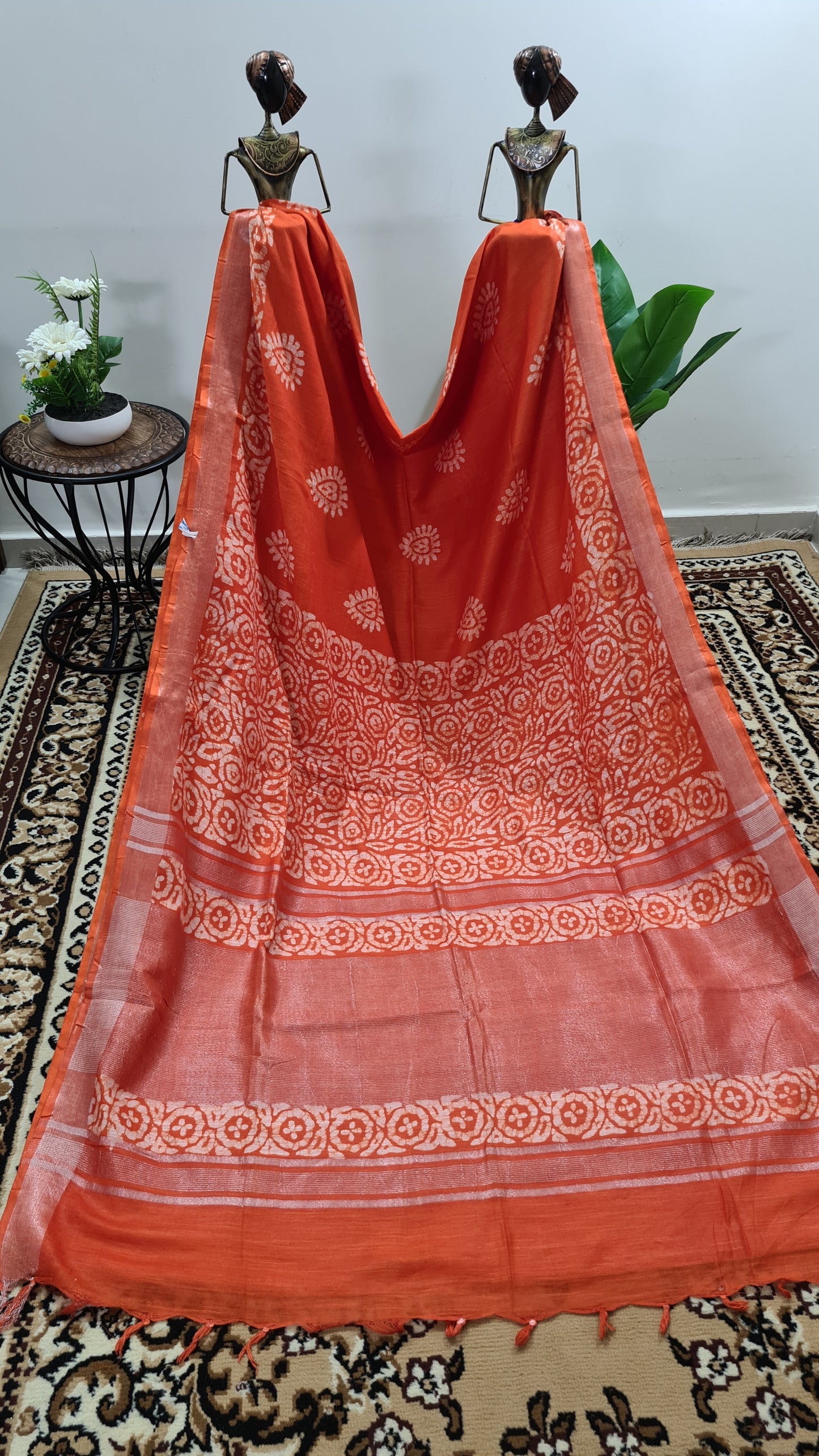 Orange and White Linen Saree