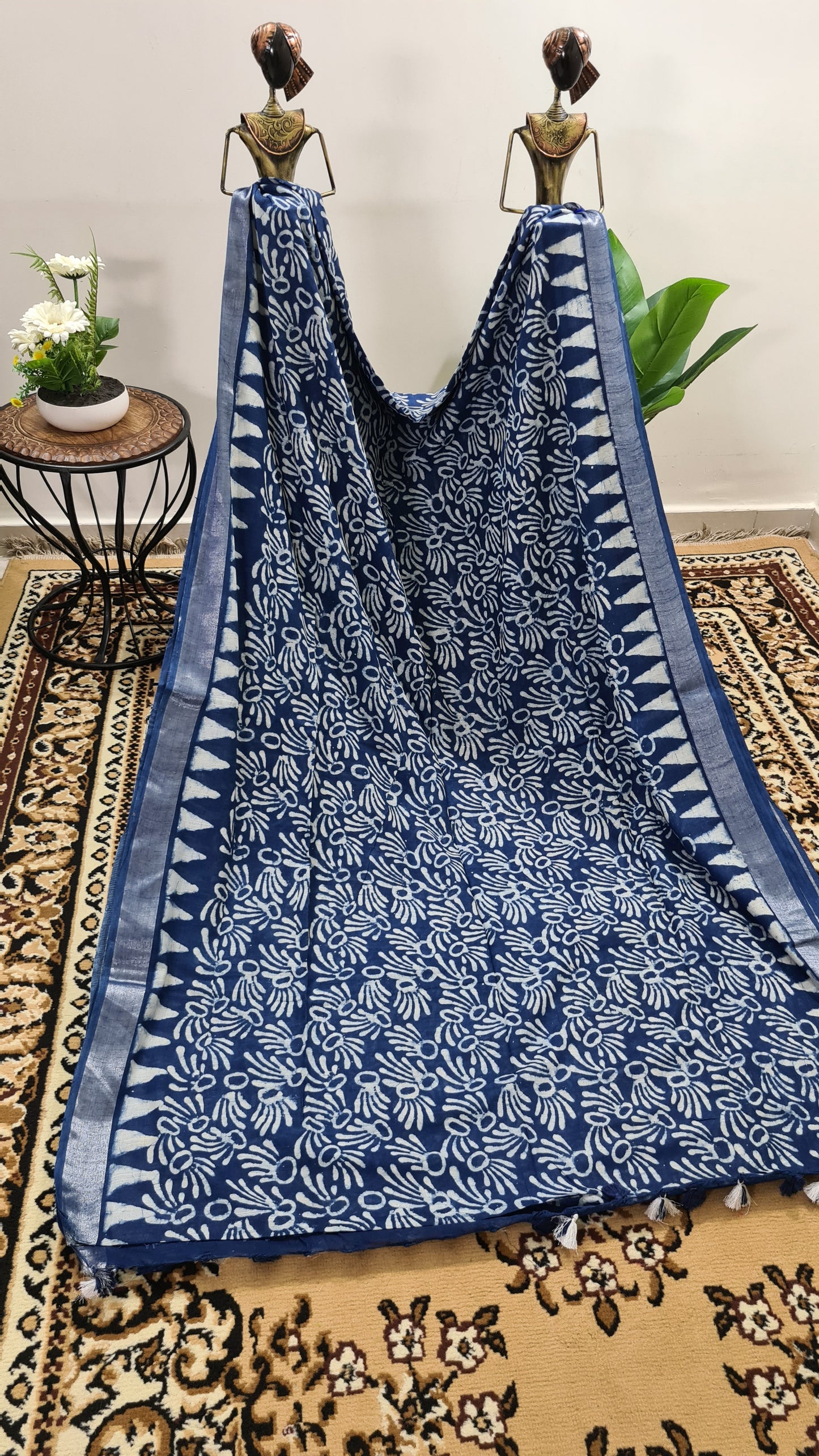 Indigo and White Linen Saree