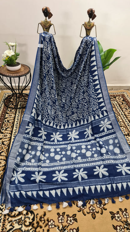 Indigo and White Linen Saree