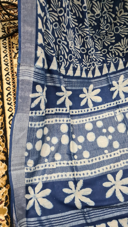 Indigo and White Linen Saree