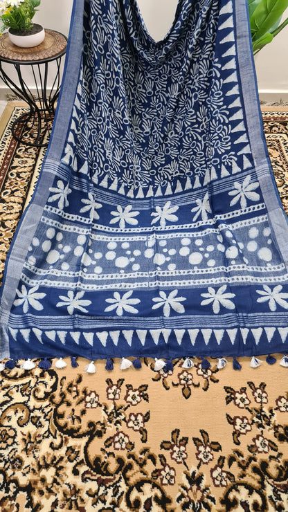 Indigo and White Linen Saree