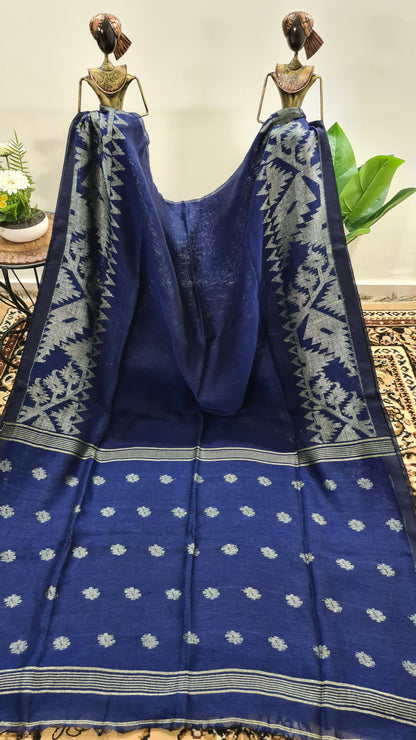 Navy Blue Jamdani Linen Saree