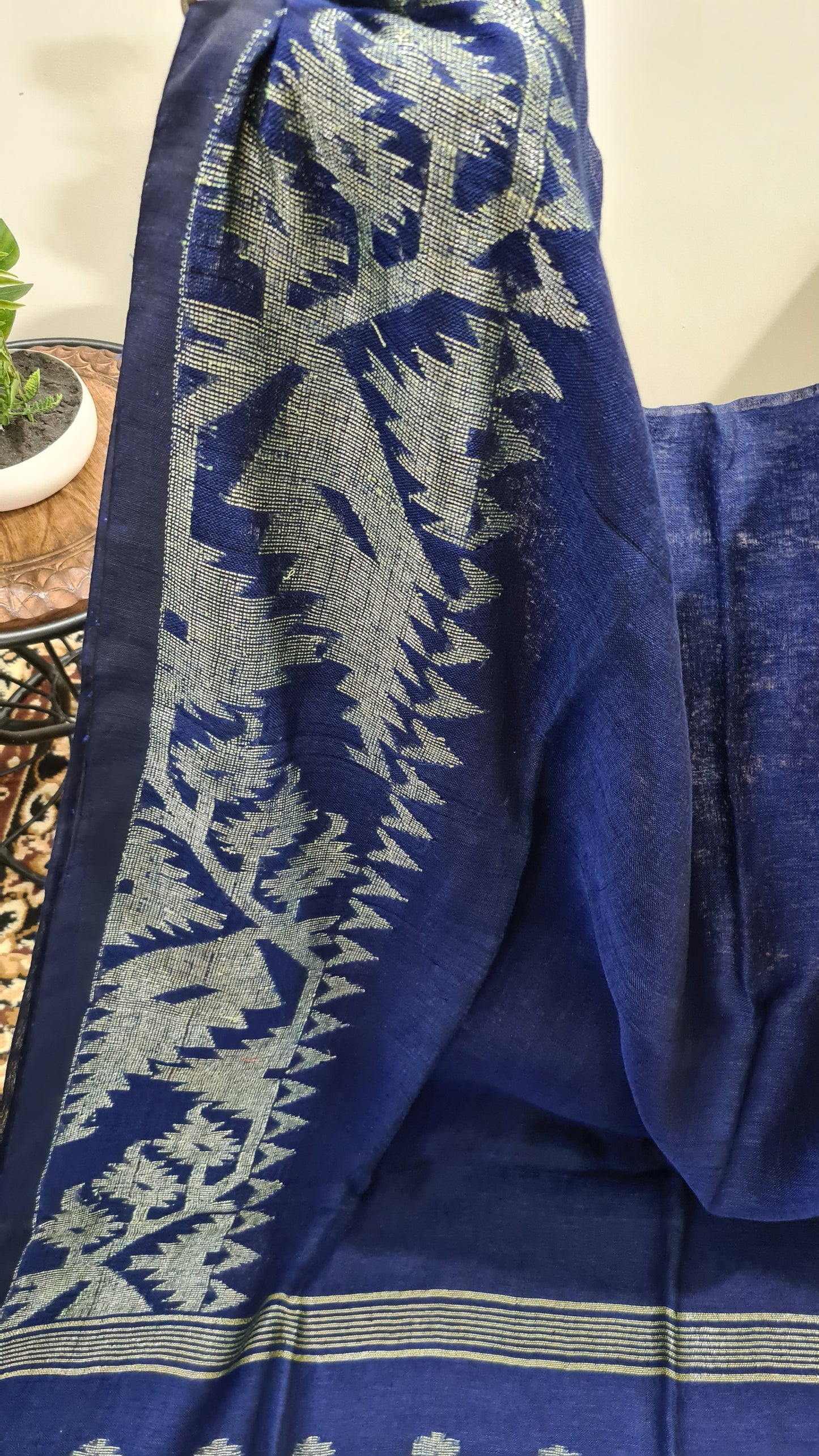 Navy Blue Jamdani Linen Saree