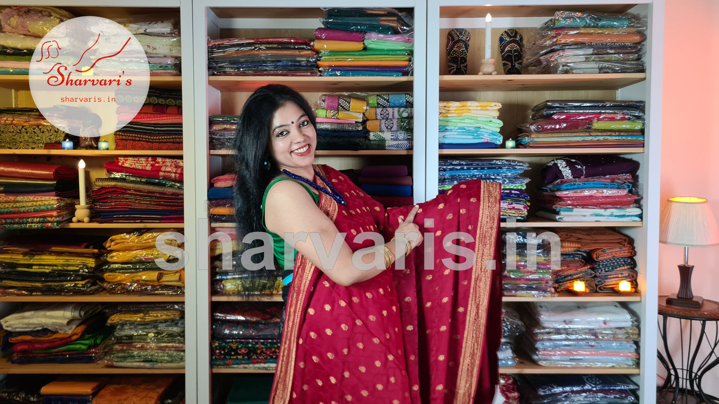 Red Mysore Crepe Silk Saree with Jaal Work and Embossed Patterns