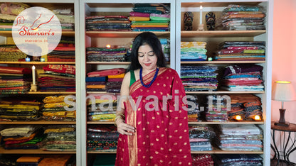 Red Mysore Crepe Silk Saree with Jaal Work and Embossed Patterns