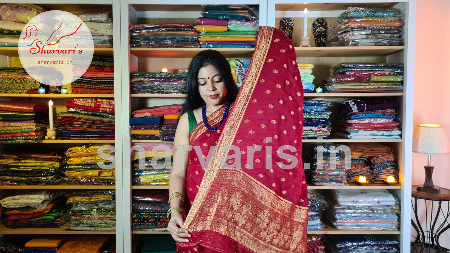 Red Mysore Crepe Silk Saree with Jaal Work and Embossed Patterns