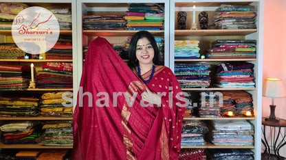 Red Mysore Crepe Silk Saree with Jaal Work and Embossed Patterns