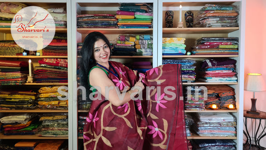 Maroon Matka Muslin Saree with Jamdani Woven Patterns