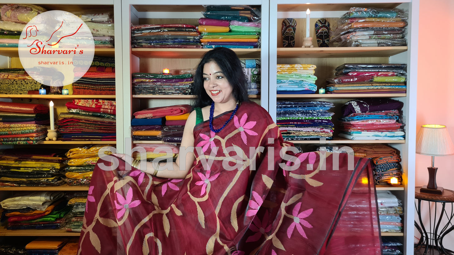 Maroon Matka Muslin Saree with Jamdani Woven Patterns