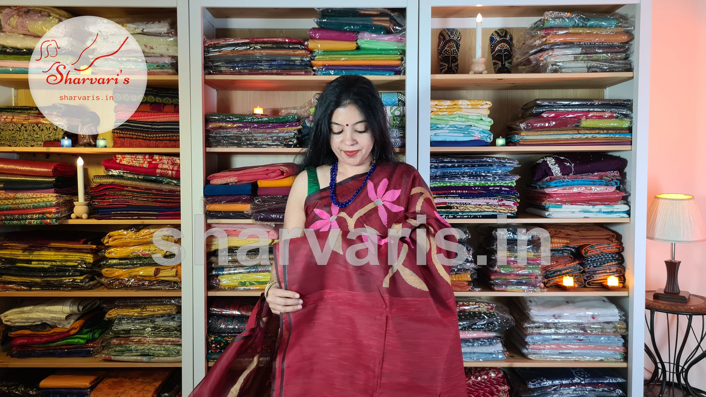 Maroon Matka Muslin Saree with Jamdani Woven Patterns