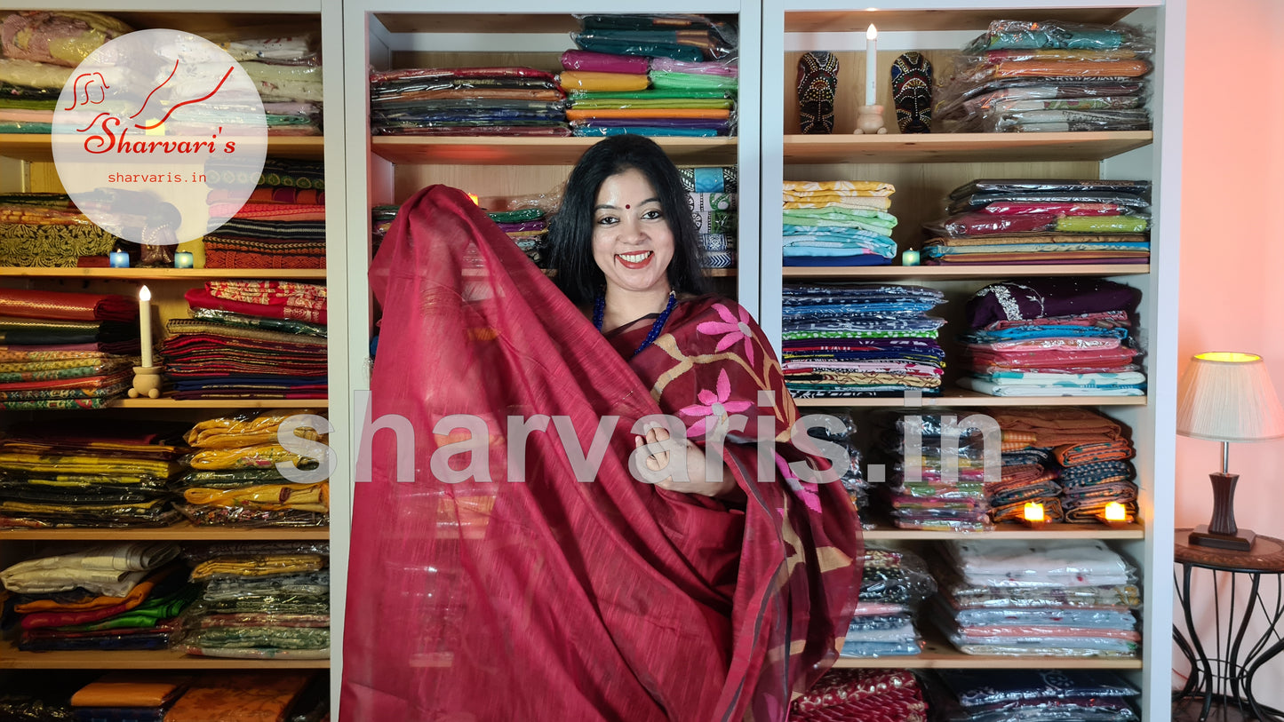 Maroon Matka Muslin Saree with Jamdani Woven Patterns