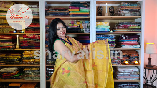 Turmeric Yellow Matka Muslin Saree with Jamdani Woven Patterns