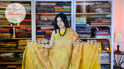 Turmeric Yellow Matka Muslin Saree with Jamdani Woven Patterns