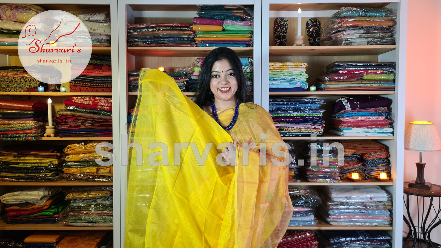 Turmeric Yellow Matka Muslin Saree with Jamdani Woven Patterns