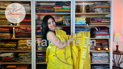 Bumblebee Yellow Matka Muslin Saree with Jamdani Woven Patterns