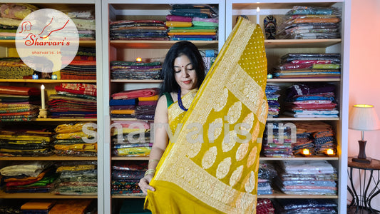 Munsell Yellow Banarasi Pure Khaddi Georgette Saree with Zari Work