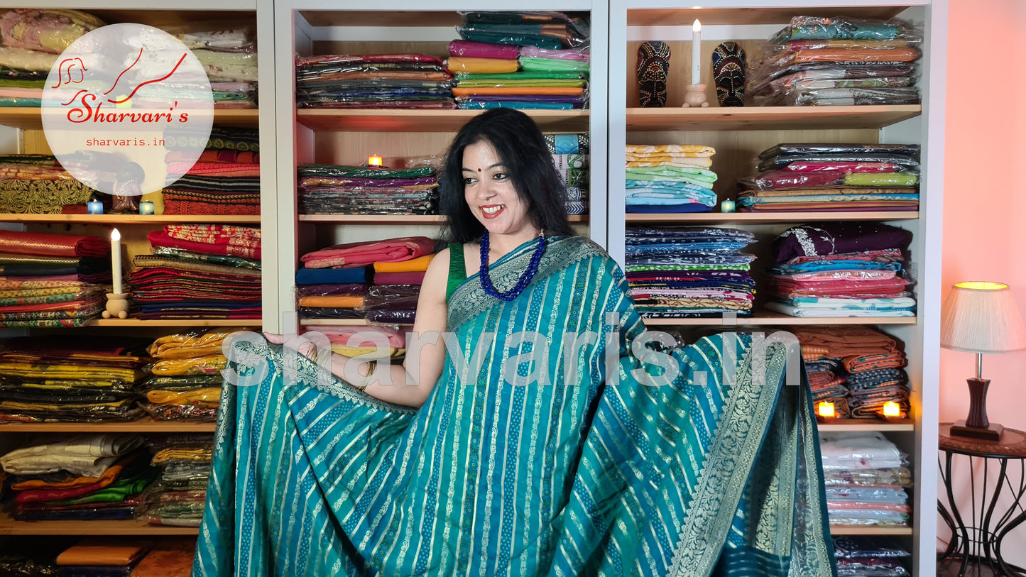 Teal Blue Banarasi Khaddi Georgette Saree with Ajrakh, Bandej and Leheriya Patterns