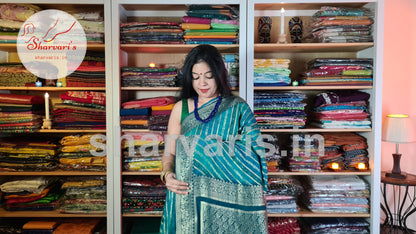 Teal Blue Banarasi Khaddi Georgette Saree with Ajrakh, Bandej and Leheriya Patterns