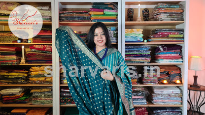 Teal Blue Banarasi Khaddi Georgette Saree with Ajrakh, Bandej and Leheriya Patterns