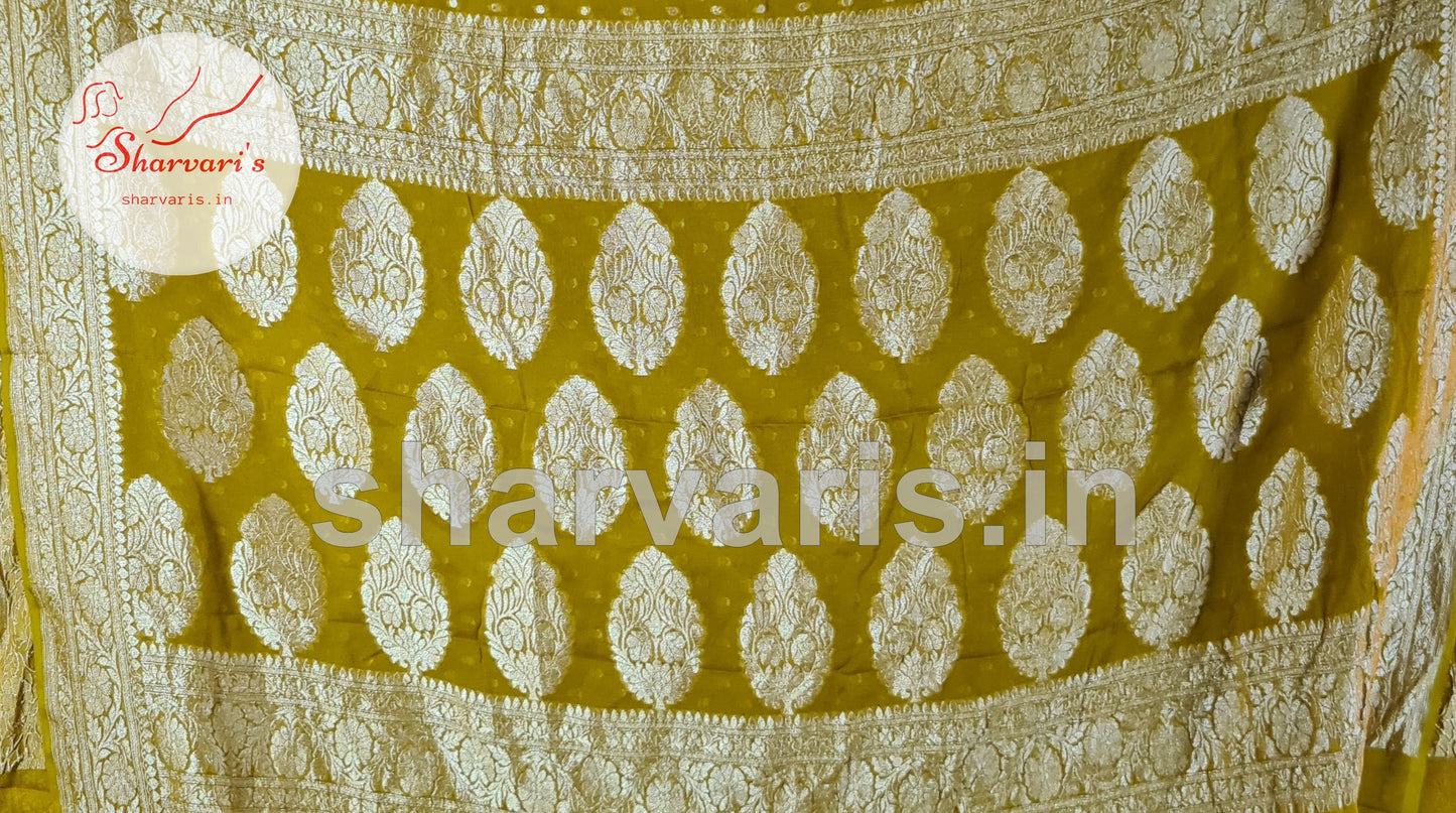 Munsell Yellow Banarasi Pure Khaddi Georgette Saree with Zari Work