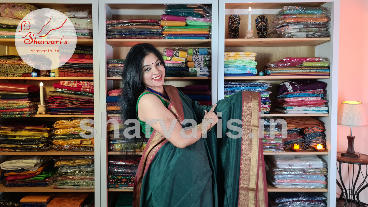 Green and Red Mercerised Cotton Banarasi Saree with Zari Work