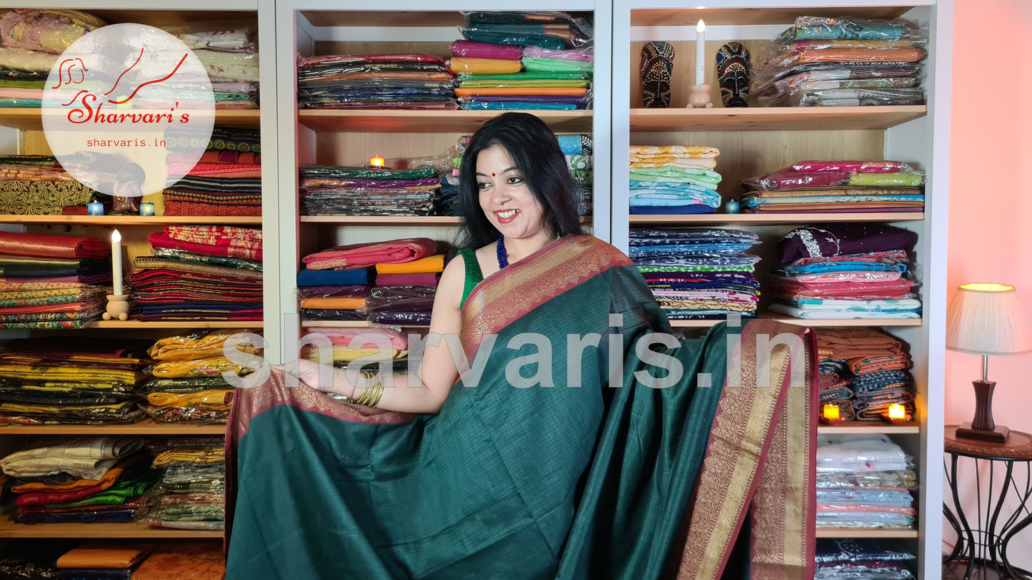 Green and Red Mercerised Cotton Banarasi Saree with Zari Work