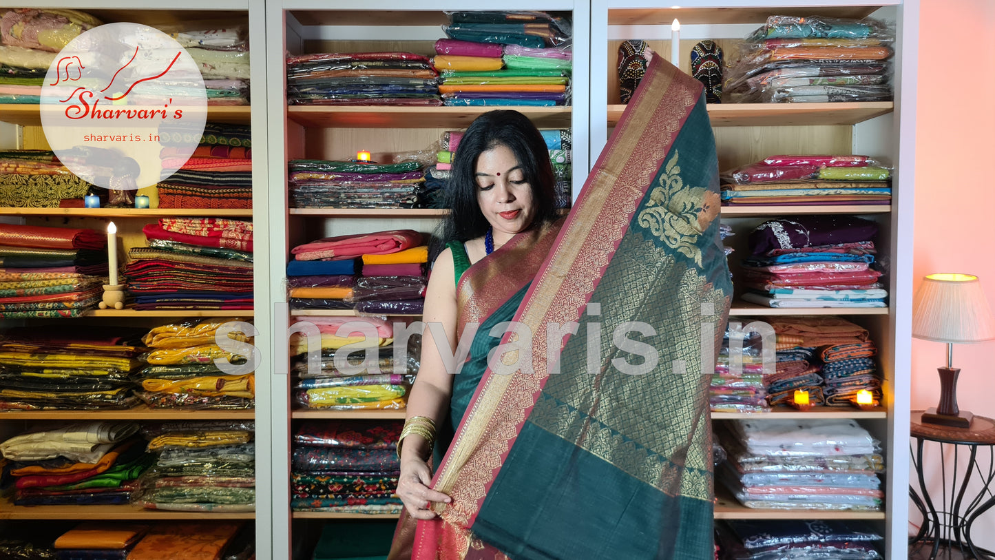 Green and Red Mercerised Cotton Banarasi Saree with Zari Work