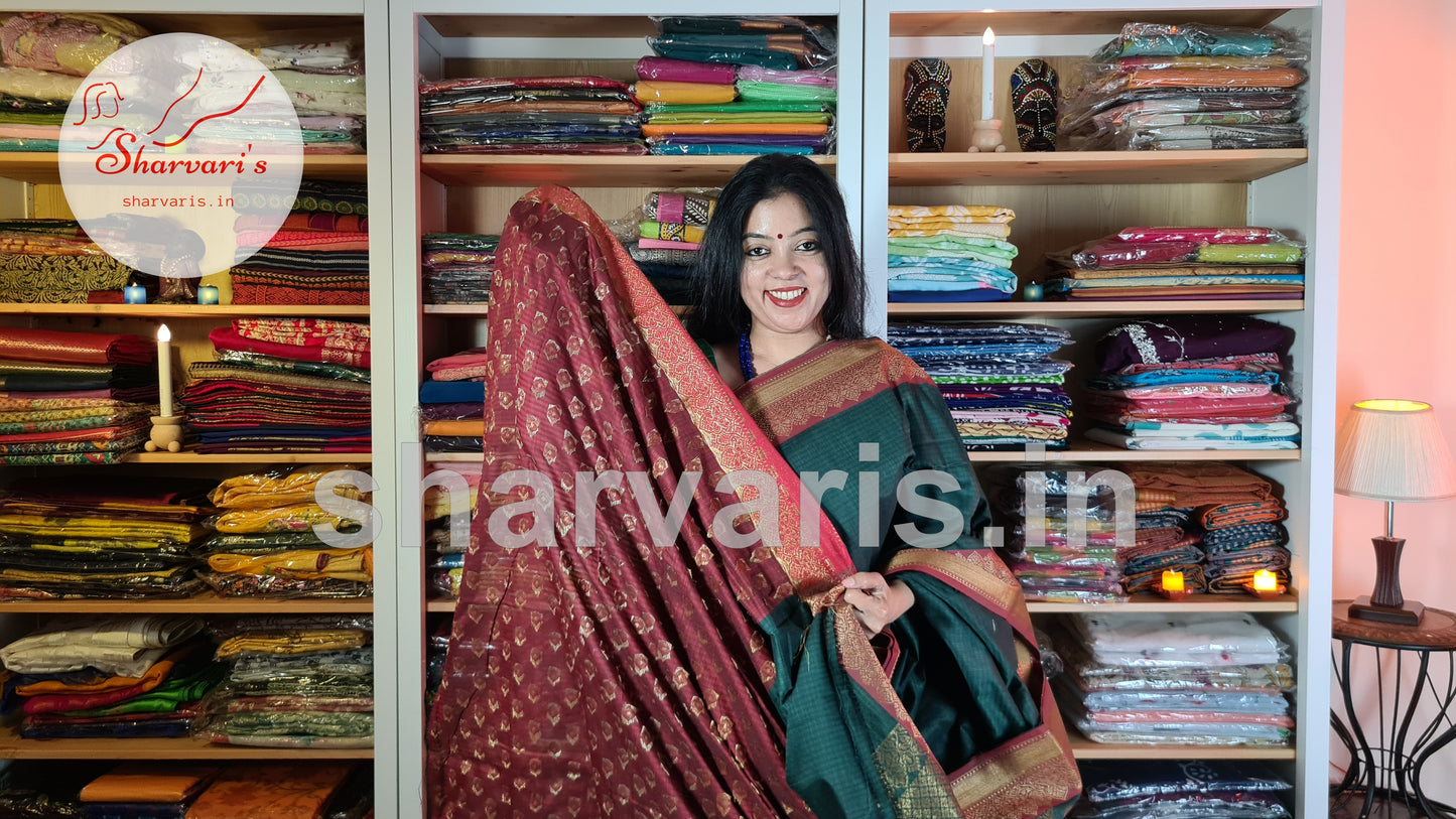 Green and Red Mercerised Cotton Banarasi Saree with Zari Work