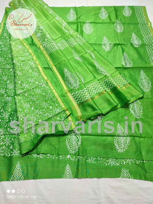 Parrot Green Chanderi Silk Cotton Dress Material with Dabu Prints