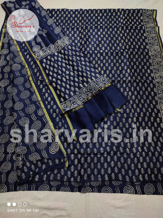 Navy Blue Chanderi Silk Cotton Dress Material with Dabu Prints