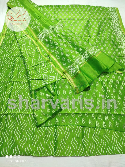 Parrot Green Chanderi Silk Cotton Dress Material with Dabu Prints