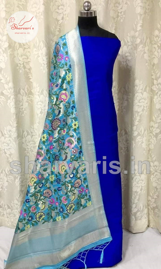 Navy Blue Plain Semi Silk Taffeta Dress Material with Sky Blue Banarasi Dupatta