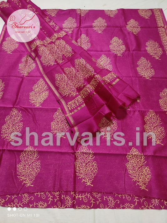 Magenta Chanderi Silk Cotton Dress Material with Dabu Prints