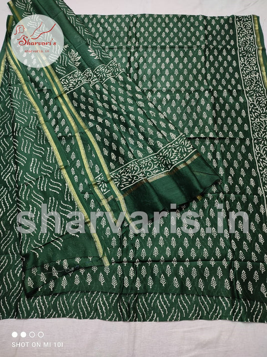 Bottle Green Chanderi Silk Cotton Dress Material with Dabu Prints