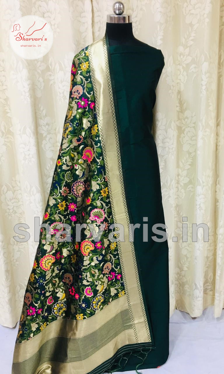 Moss Green Plain Semi Silk Taffeta Dress Material with Woven Banarasi Dupatta