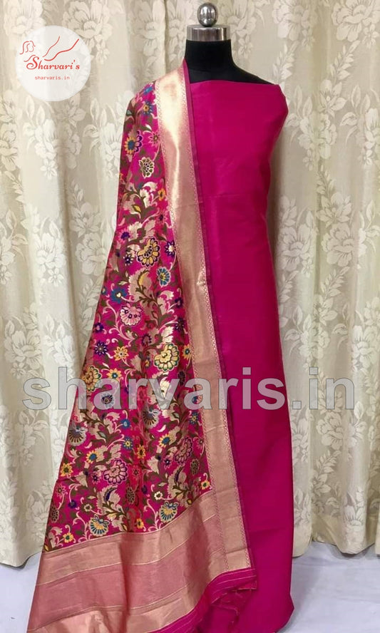 Fuchsia Pink Plain Semi Silk Taffeta Dress Material with Bright Pink Banarasi Dupatta