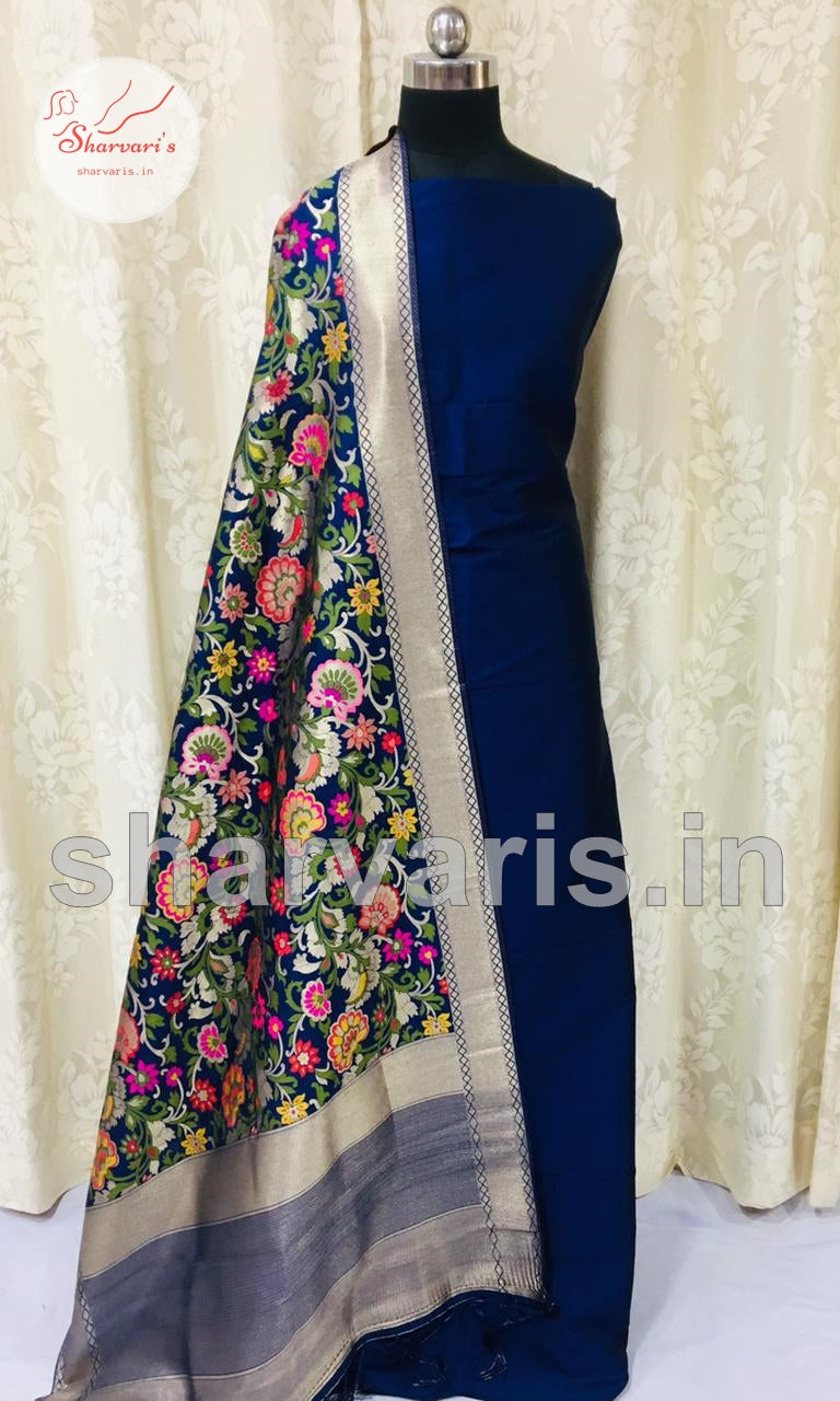 Navy Blue Plain Semi Silk Taffeta Dress Material with Navy Blue Banarasi Dupatta