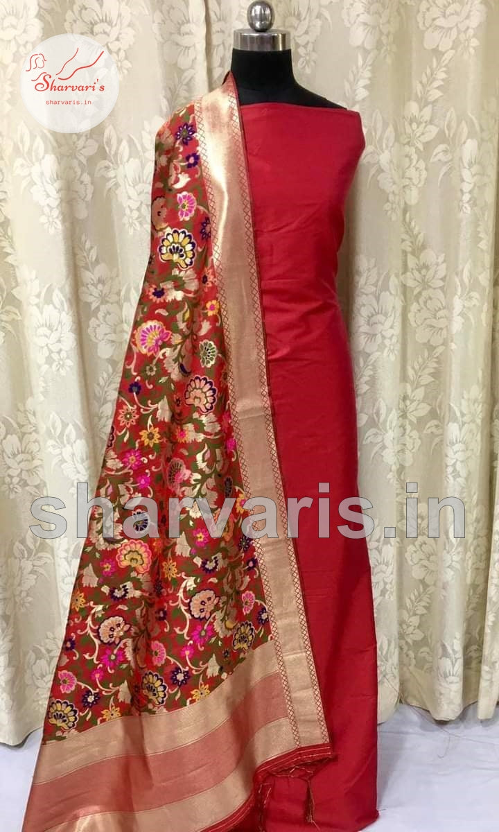 Crimson Red Plain Semi Silk Taffeta Dress Material with Vermilion Red Banarasi Dupatta