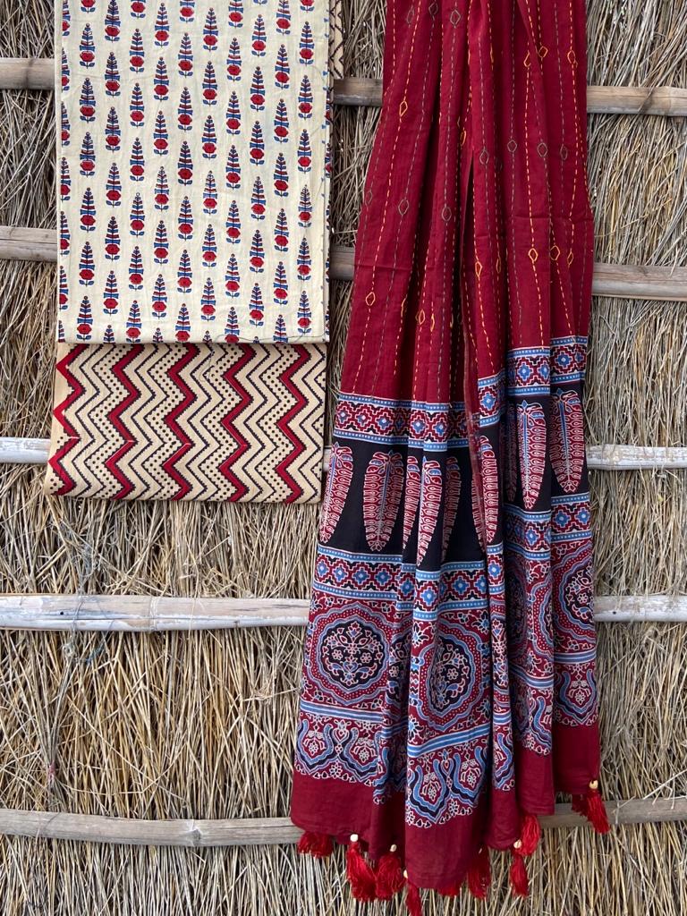 Ethnics of Kutch Cotton Dress Material - Ajrakh Block Print Natural Dye -  2.65 Mt Top x 2.65