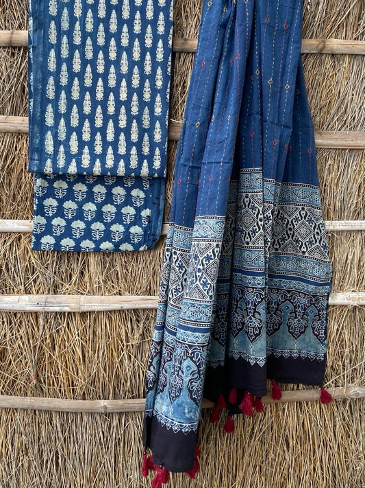 Sapphire Blue Jaipur Handprinted Ajrakh Cotton Dress Material with Natural Dyes