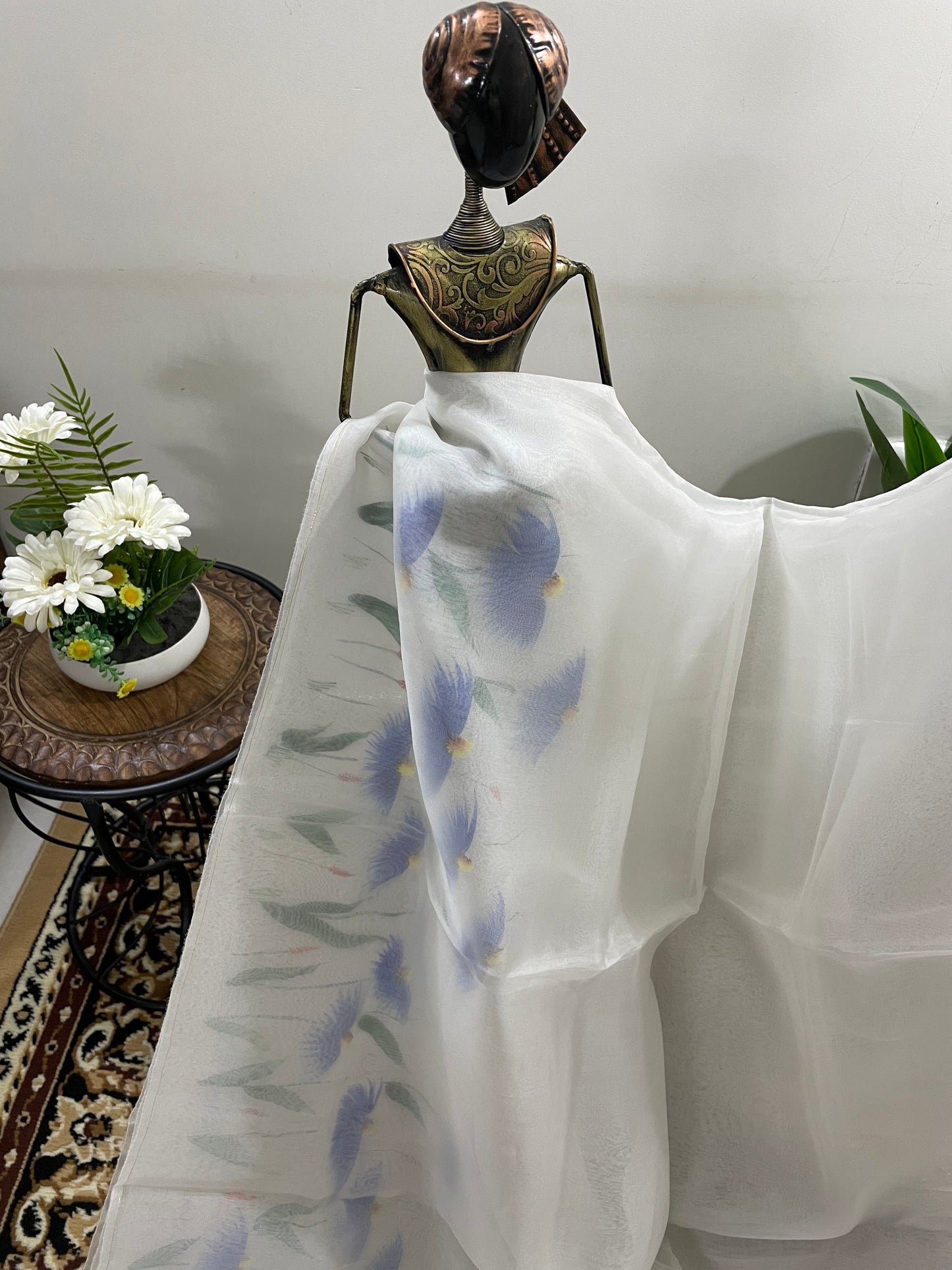 Off-white and Royal Blue Organza Silk