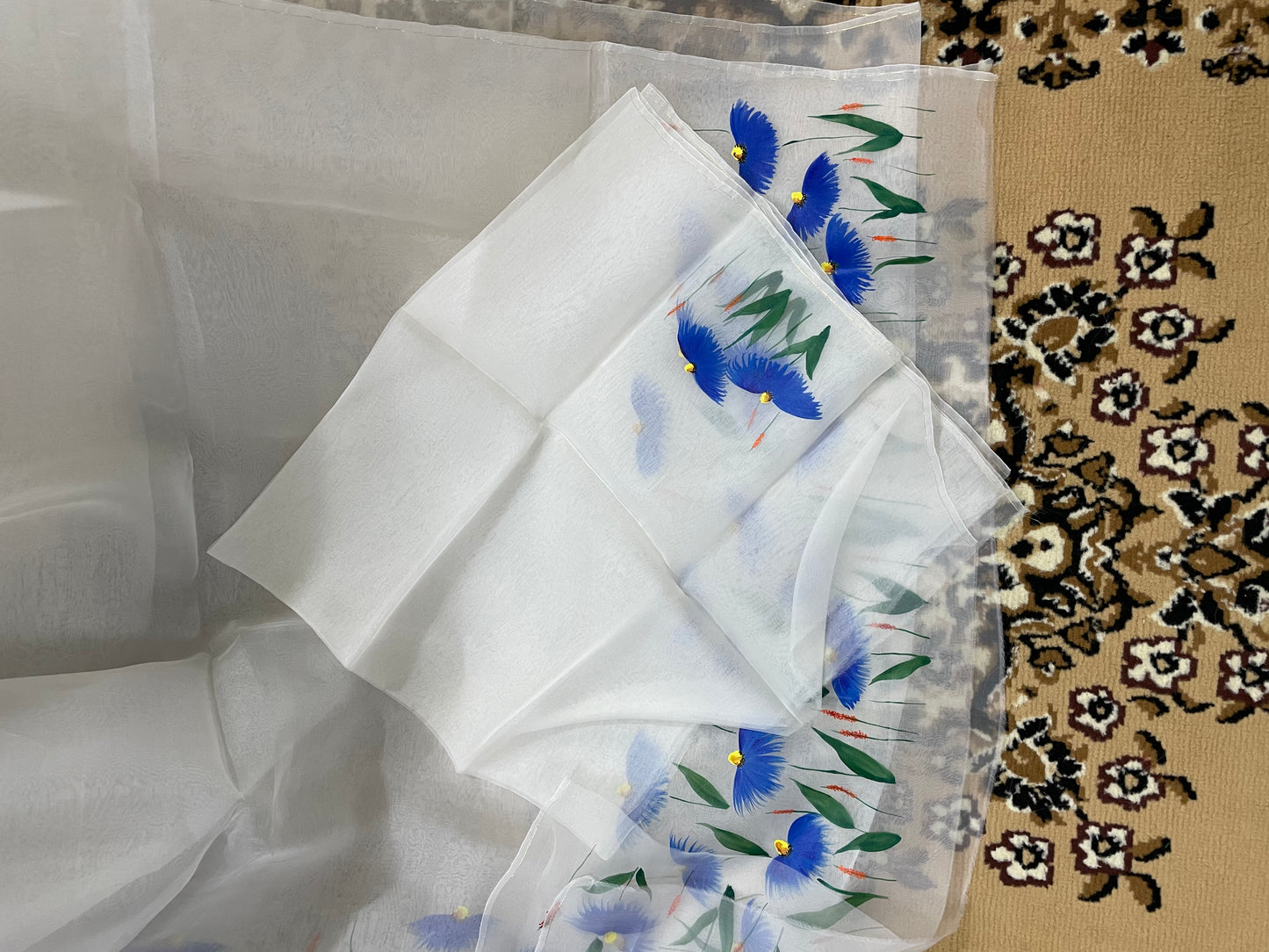 Off-white and Royal Blue Organza Silk