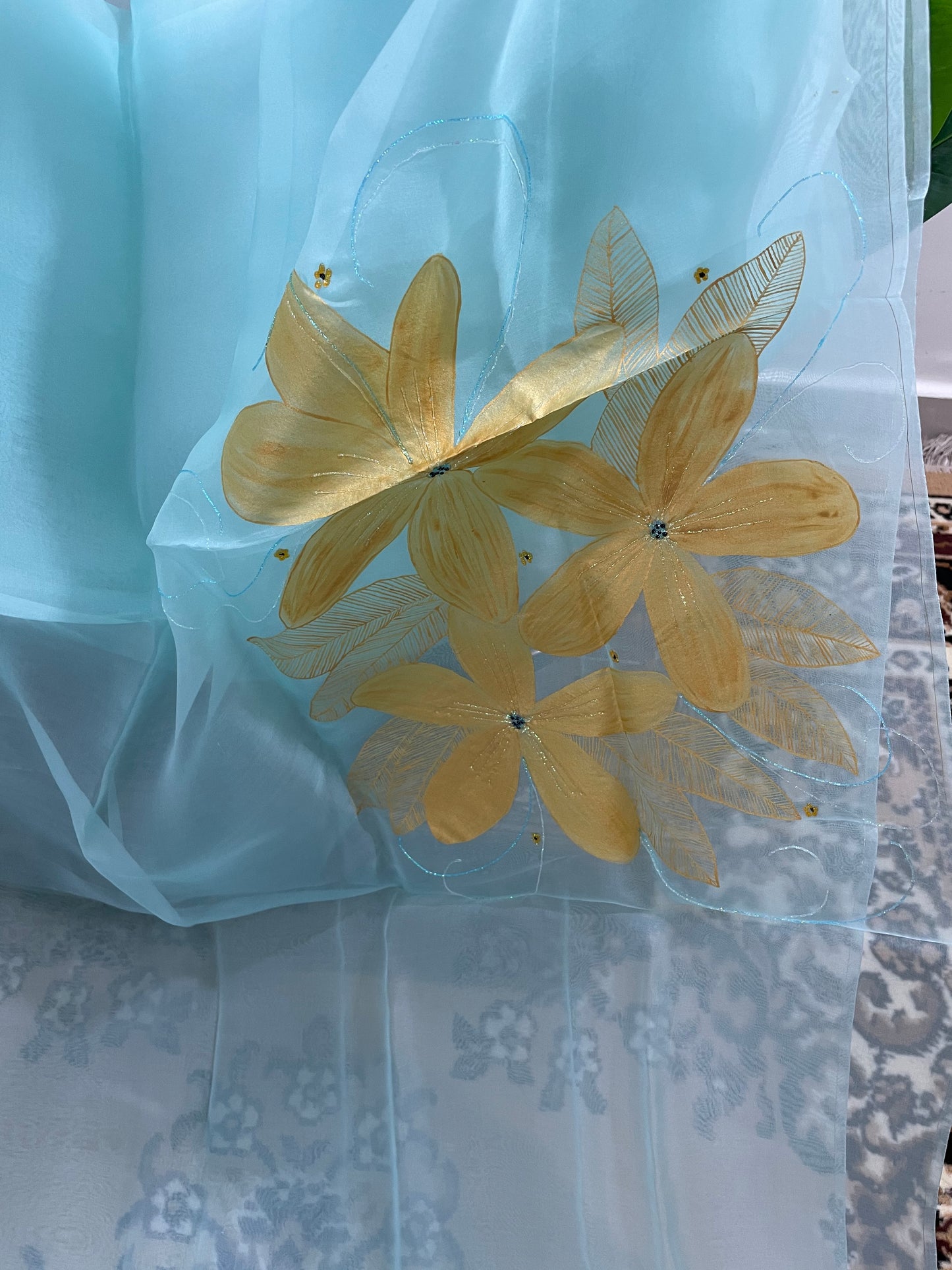 Celeste Blue Hand Painted Organza Silk