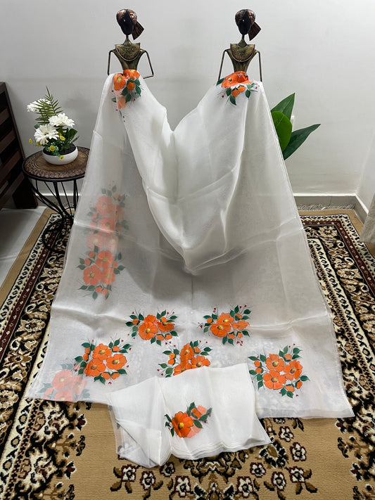Off-white Organza Silk with Orange Flowers