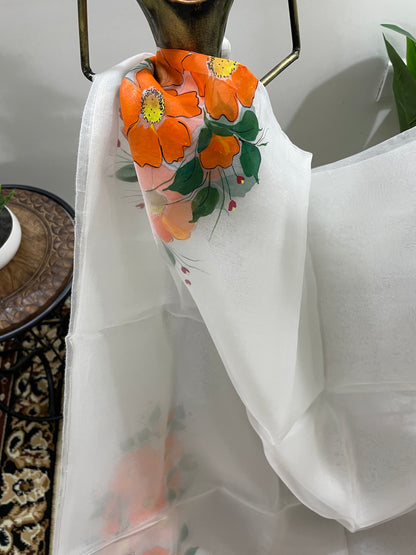 Off-white Organza Silk with Orange Flowers