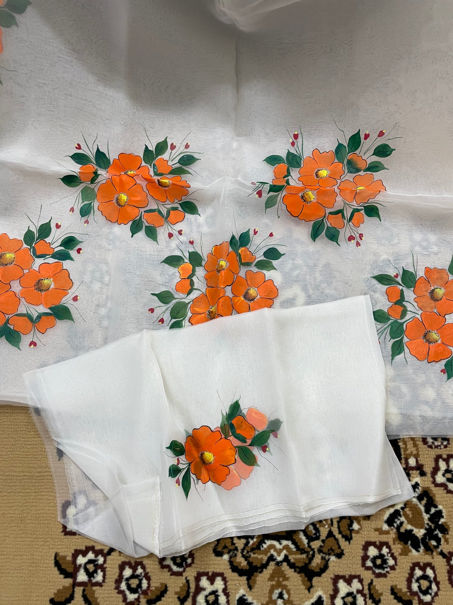 Off-white Organza Silk with Orange Flowers